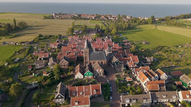 Aerial view of Marken, picturesque traditional Dutch fishing village on peninsula in North Holland surrounded by water
