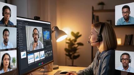  Online meeting interface fills screen as woman guides slides during online meeting and keeps online meeting productive. Concept digital teamwork.