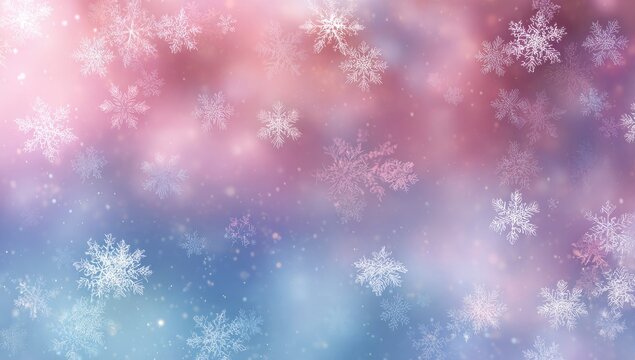 Soft-focus winter scene with snowflakes.  Pastel hues of pink, rose, and blue create a dreamy background with scattered, detailed snowflake shapes