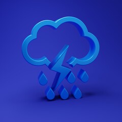 Blue Cloud with rain and lightning icon isolated on blue background. Rain cloud precipitation with rain drops.Weather icon of storm. Minimalism concept. 3D render illustration