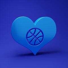 Blue Heart with basketball ball inside icon isolated on blue background. Basketball love. Minimalism concept. 3D render illustration
