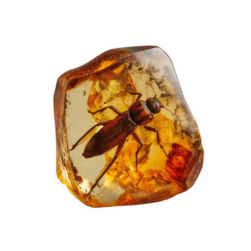 Fossil insect (cricket or cockroach) in a piece of Baltic amber on a grey background.