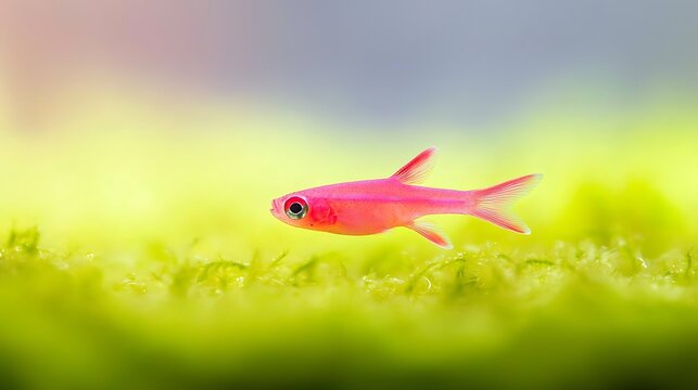 Vibrant pink glofish swimming in lush green aquarium plants