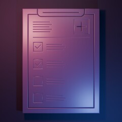 Purple Medical clipboard with clinical record icon isolated on purple-blue background. Health insurance form. Prescription, medical check marks report. Minimalism concept. 3D render illustration