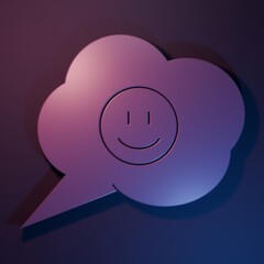 Purple Speech bubble with smile face icon isolated on purple-blue background. Smiling emoticon. Happy smiley chat symbol. Minimalism concept. 3D render illustration