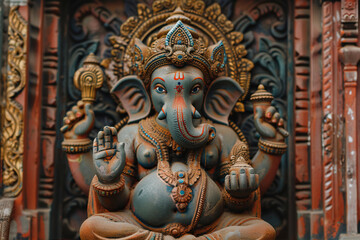 Fototapeta premium Bright holiday composition for happy Ganesh Chaturthi, abstract vivid composition consists of fictional unreal fantastic vision on background