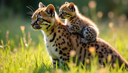 Mother ocelot with cub on back in grassy field during golden hour. Tiny kitten rides on adult feline spotted fur. Warm sunlight creates soft bokeh background. Wild animal family bond, nature love.