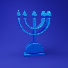 Blue Hanukkah menorah icon isolated on blue background. Hanukkah traditional symbol. Holiday religion, jewish festival of Lights. Minimalism concept. 3D render illustration