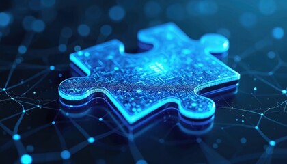 Digital puzzle piece concept in virtual environment, graphic design with innovative technology. Abstract viewpoint for SEO impact, connectivity, code, solution, modern interface, blue light, software