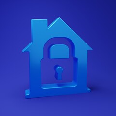 Blue House under protection icon isolated on blue background. Home and lock. Protection, safety, security, protect, defense concept. Minimalism concept. 3D render illustration