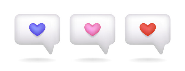 3d white dialogue chatting with heart icon for romantic flirting conversation for love message. bubble text box valentine marketing business. Favorite chat support. Cute feedback illustration vector.