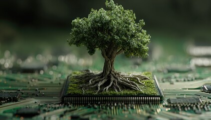A small, lush tree with extensive roots sits atop a computer circuit board