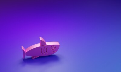 Pink Shark icon isolated on purple-blue background. Minimalism concept. 3D render illustration