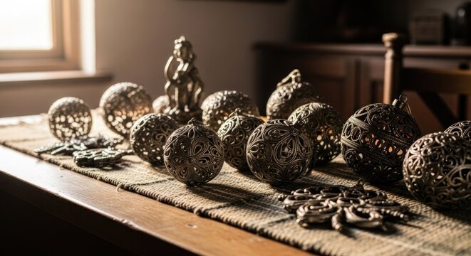 Ornate metal spheres on a wooden table - Powered by Adobe