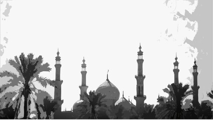 Fototapeta premium Illustration of a mosque with minarets and palm trees in a grayscale color palette with a bright sky | editable eps vectors silhouette
