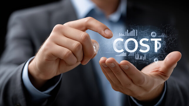 Businessman holding digital cost symbol, representing financial analysis and management in modern context