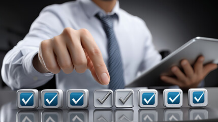 Efficient business process management is showcased as professional interacts with checkboxes digital interface, symbolizing progress and success