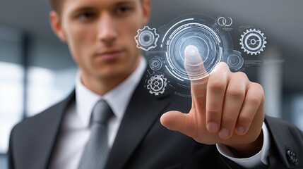 Innovative businessman interacting with digital technology, showcasing gears and data visualization in modern office environment