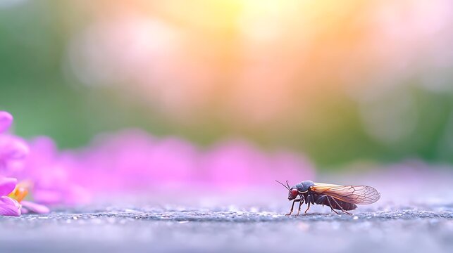 Close up of a bee on a textured surface with soft pink and yellow bokeh background