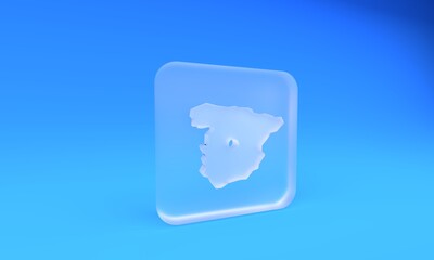 Frosted glass Map of Spain icon isolated on blue background. Square frosted glass button. 3D render illustration