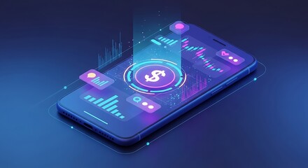 Futuristic smartphone displaying financial data and currency symbols in neon light