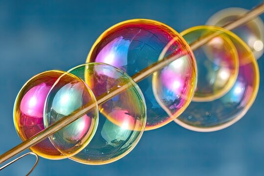 Colorful soap bubbles strung on a metal rod