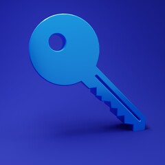 Blue Key icon isolated on blue background. Minimalism concept. 3D render illustration