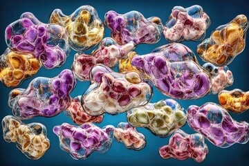 Abstract colorful, bubbling shapes on a blue background