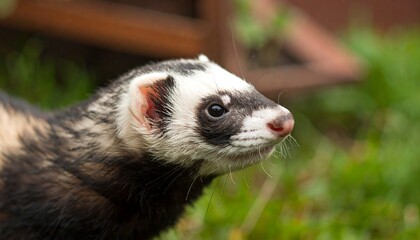 Close-up profile view of a black and white ferret, showcasing its attentive expression and detailed fur patterns.