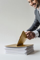 A recruitment professional organizes candidate documents on a sleek table in a contemporary office. The focused individual is preparing essential materials for the hiring process