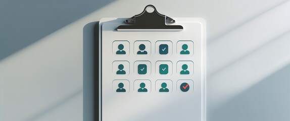 A clipboard showcases a selection of candidate profiles with checkmarks, indicating progress in the hiring process within a well-lit modern office setting