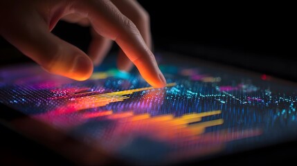 A colorful, glowing digital display being touched by a hand.