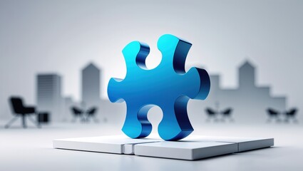 A large, blue puzzle piece stands in a contemporary office environment, symbolizing the recruitment and hiring process, with blurred cityscape in the background