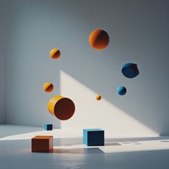 Colorful spheres and cubes hover in a well-lit, minimalist space, creating an intriguing visual effect as shadows contrast against the floor and walls