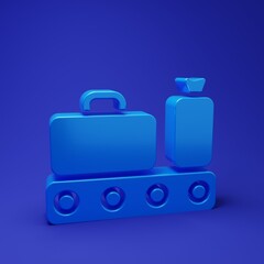 Blue Airport conveyor belt with passenger luggage, suitcase, bag, baggage icon isolated on blue background. Minimalism concept. 3D render illustration