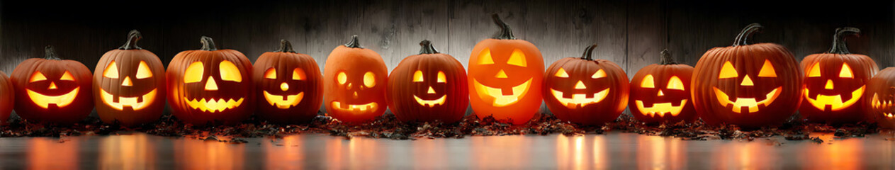 Obraz premium Halloween Creative Carved Pumpkin Lanterns, Colorful Face Shapes, Theme Decoration Material