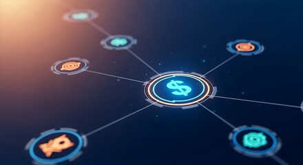 Digital network connecting various financial symbols and icons