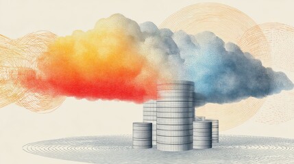 Colorful Cloud Over Tall Buildings Representing Creativity, Innovation, and Digital Transformation in Urban Environments