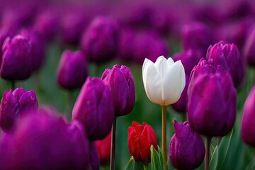 Fototapeta premium A single white tulip amidst a field of deep purple tulips, with a touch of red