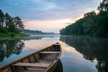Obraz premium Peaceful River Boat Dawn Guide