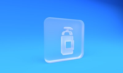 Frosted glass Bottle of liquid antibacterial soap with dispenser icon isolated on blue background. Antiseptic. Disinfection, hygiene, skin care. Square frosted glass button. 3D render illustration