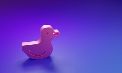 Pink Rubber duck icon isolated on purple-blue background. Minimalism concept. 3D render illustration