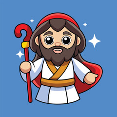 Cartoon Jesus Character with Staff – Christian Religious Vector Illustration