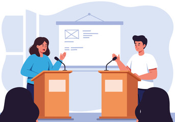 Man and Woman Giving Presentations at Podiums.