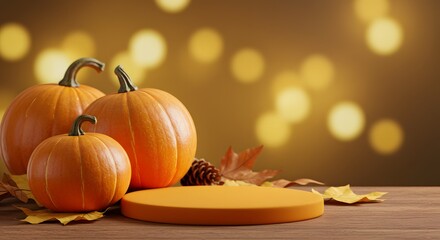 Orange Halloween Pumpkins on Wooden Surface with Autumn Leaves and Bokeh Background