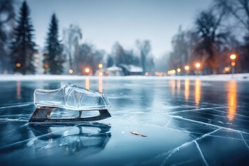 Icy skating blade on frozen lake at dusk