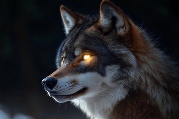 Fototapeta premium Wolf with radiant eyes reflects the power of the moon in a mystical forest setting under twilight sky
