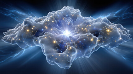 Stunning depiction of bioluminescent cloud, glowing with stars and cosmic energy, evoking sense of wonder and mystery