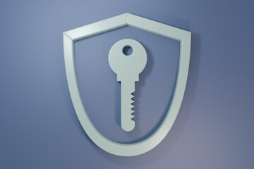 Grey Shield with key icon isolated on purple-blue background. Protection and security concept. Safety badge icon. Privacy banner. Defense tag. Minimalism concept. 3D render illustration