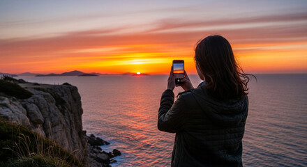 Young woman taking a photo of a sunset at sea on a smartphone. Back view